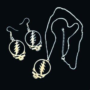 Grateful Dead Silver Plated Stainless Necklace and Earring Set Steal Your Face